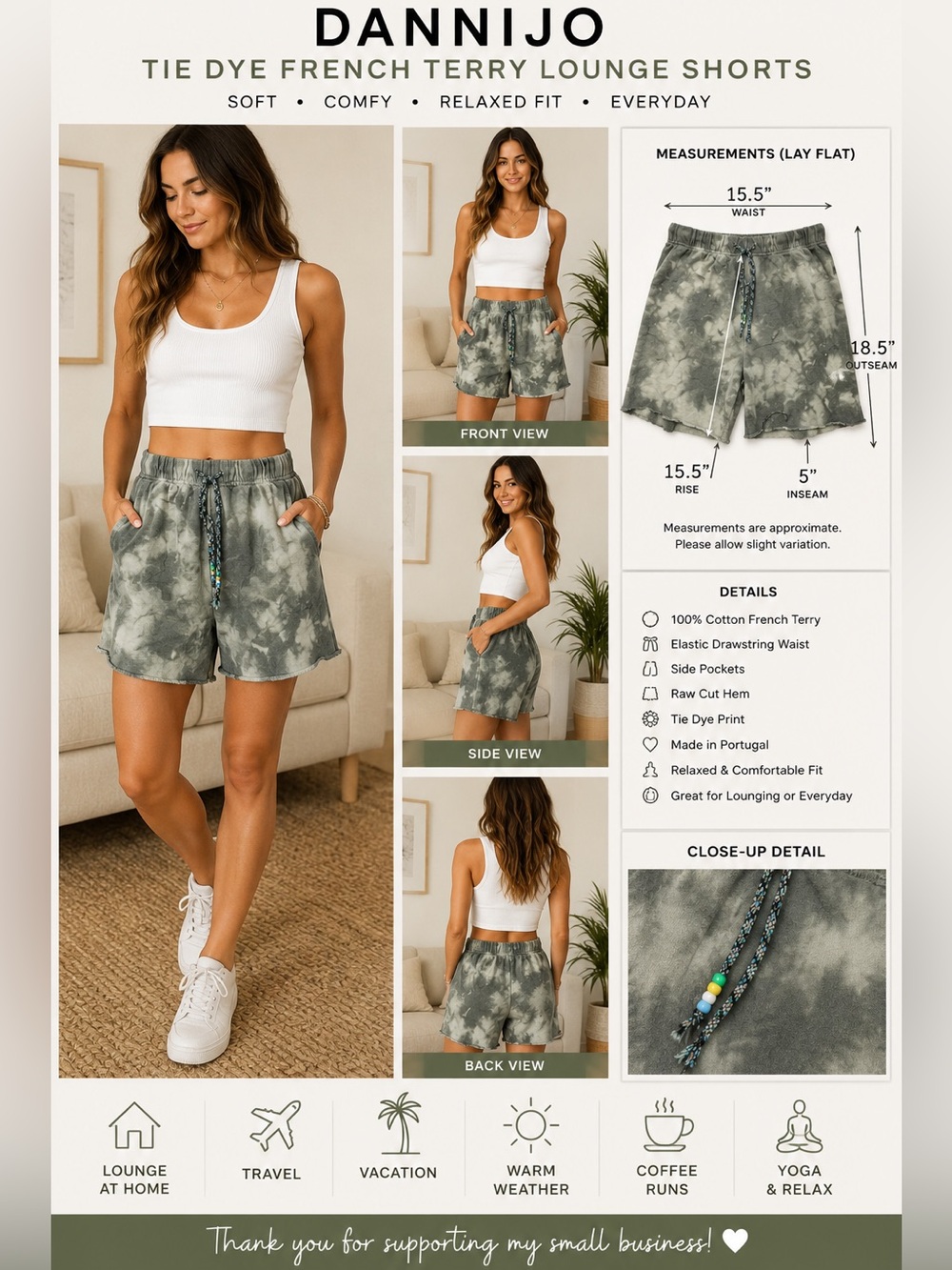 DANNIJO Tie Dye French Terry Lounge Shorts Green Gray Women's Size L